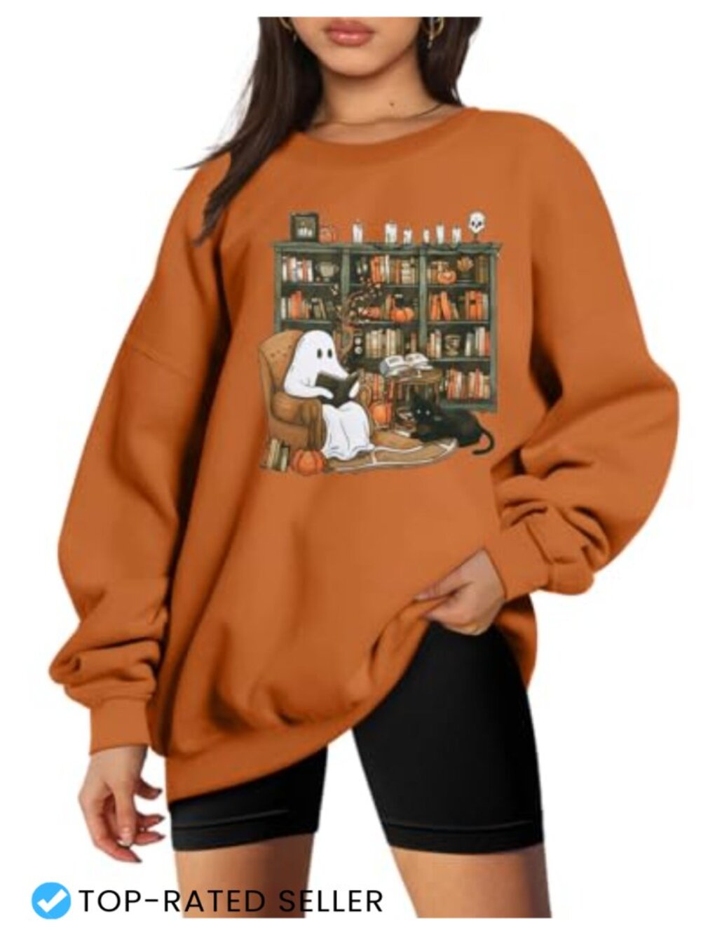 Halloween Graphic Sweatshirt Ghost Reading Books Oversized Pullover